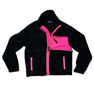 Polo Ralph Lauren Black & Pink Sherpa Chunky Fleece Jacket Women's L Full Zip